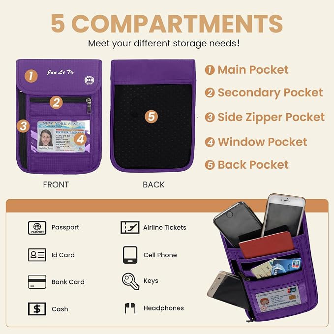 Passport Holder for Travel, RFID Passport Wallet with Visual Window Design, Multifunctional Document Organizer, Waterproof Travel Pouch Neck Wallet for Men and Women, Purple