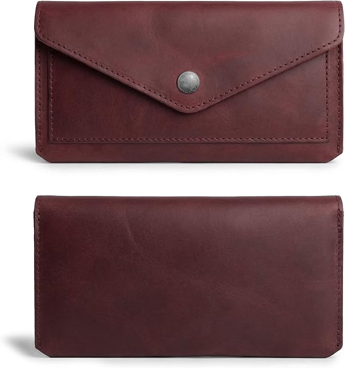Hide & Drink, Full Grain Leather Large Female Wallet, Travel Organizer for Women, Vintage Money and Card Holder, Handmade, Sangria