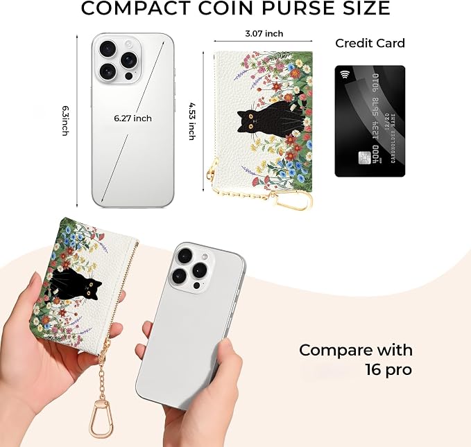 Black Cat Flower Floral Keychain Coin Purse for Women, Small PU Leather Change Pouch, Zipper Little Tiny Travel Wallet for Girls, Cute Kawaii Zip Pocket Coin Holder with Key Ring