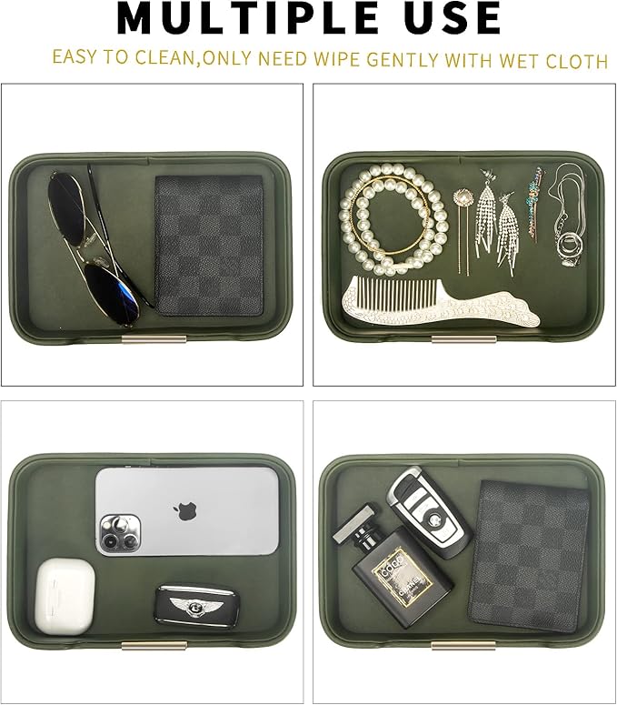 SANZIE Luxury Leather Tray Desktop Storage Catchall Organizer Decorative Tray for Entryway Table to Hold Jewelry Watch Keys Phone Wallet (Metal Glided, Dusty Green)