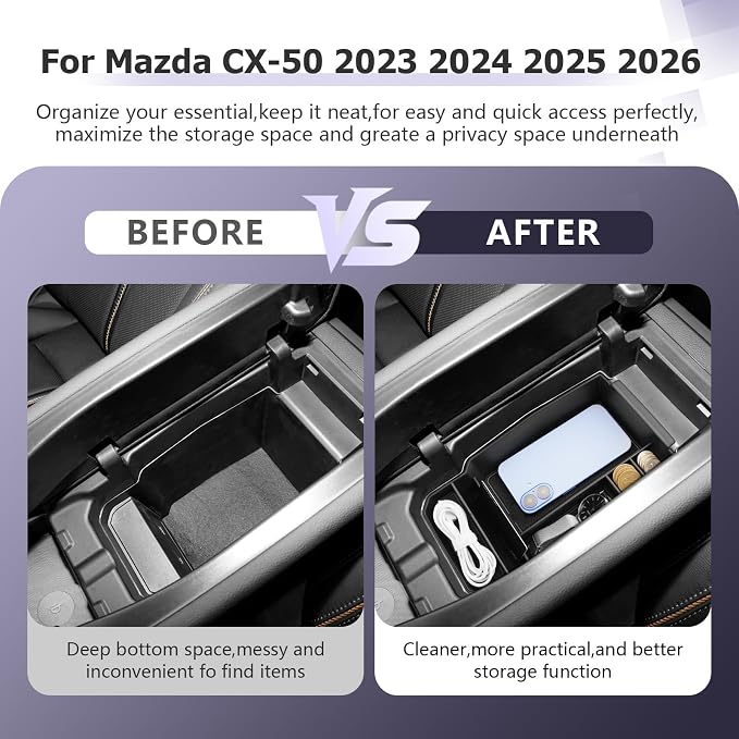 LUWU Center Console Organizer Compatible with Mazda CX50 CX-50 Accessories 2023 2024 2025 2026 Armrest Organizer Tray Storage Box Insert Tray Phone Holder Coins Box ABS Material - Black