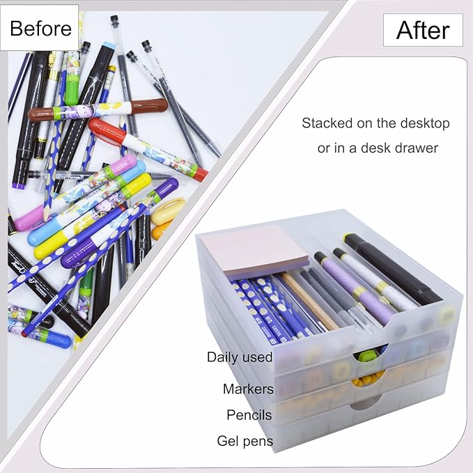 Desk Drawer Organizer, Pen Holder Tray Pen Storage with Fountain Pen, Pencil, Marker, Crayon, Chalk, Nail Art Tools for Office, Craft Room - 4Pack