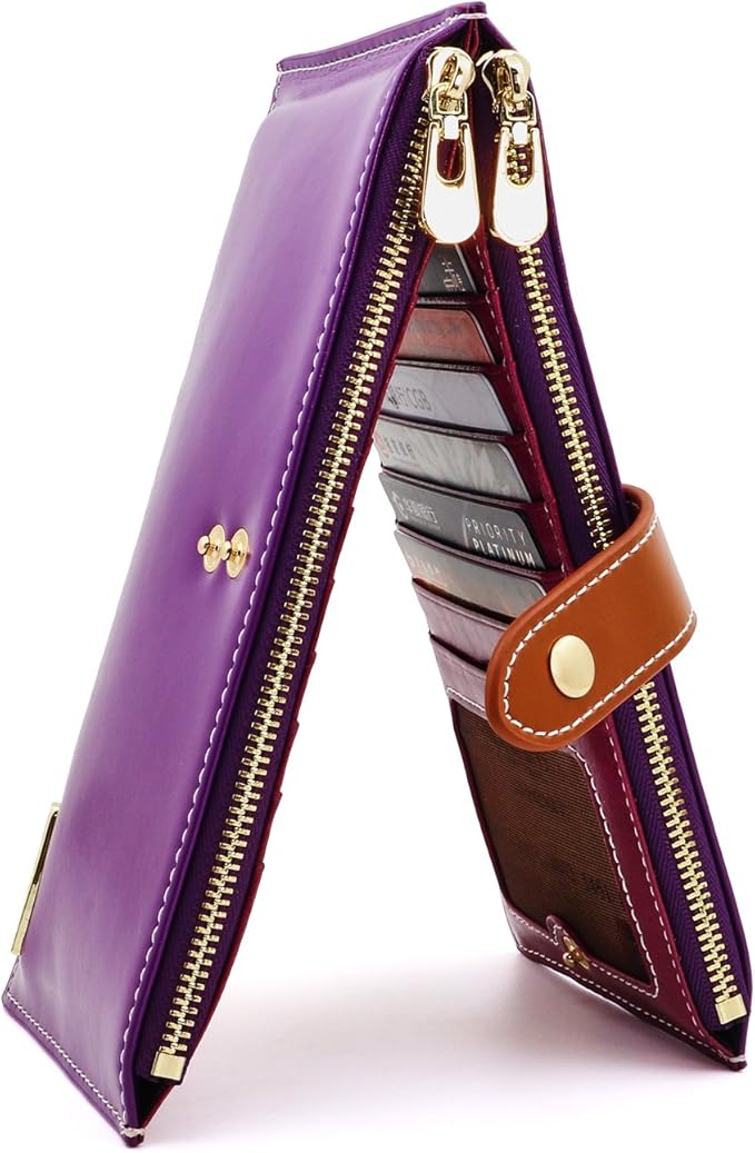 ANDOILT Women's Genuine Leather Wallet RFID Blocking Credit Card Holder Zipper Purse Cell Phone Handbag