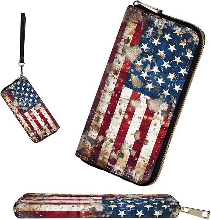 RFID-Blocking Zip Around Wallets for Women with Detachable Wrist Strap,Large Capacity Phone Holder with Card Organizer & Coin Pocket,Rustic American Flag