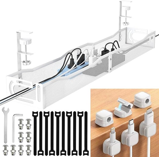 Cable Management Under Desk, 25.3'' No Drill Desk Cable Management Tray with Clamp, Metal Cord Organizer for Standing Desk, Computer Wire Management for Home Office & Gaming Setup, White