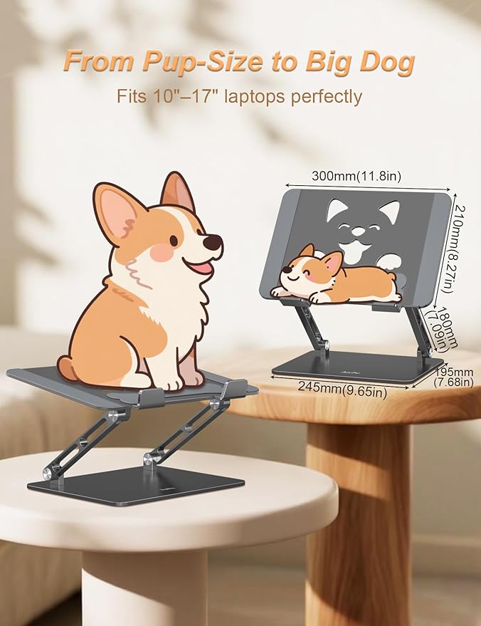 Laptop Stand for Desk-Adjustable, Foldable, Portable, Ergonomic Aluminum Notebook Riser with Unique Puppy Cooling Vent, Desk Gift for 10-17.3" Devices Mac, Dell, HP, Lenovo, Samsung, Gray