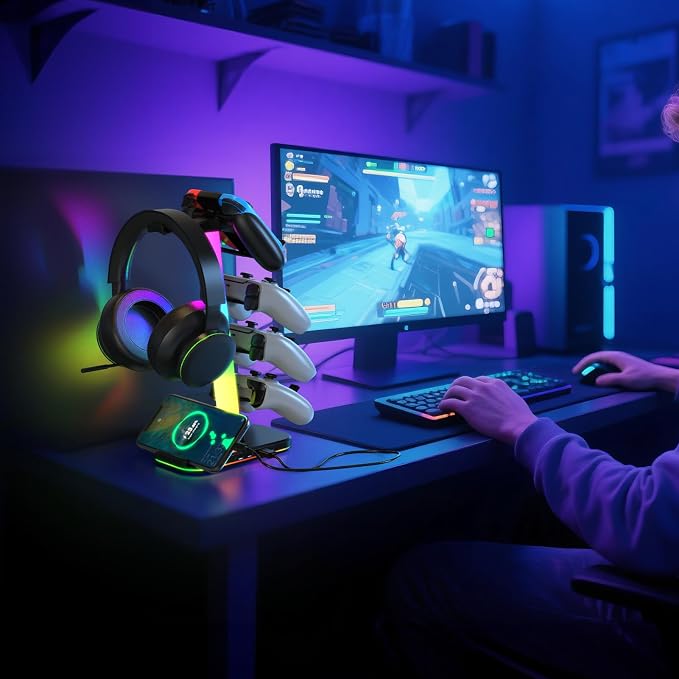 Gaming Headphones Stand with Charging Station, RGB Headset Stand with 10 Light Modes, 4 Controller Holder with 1 USB & 2 Type-C Charging Ports - Earphone Hook for PC Desktop Gamer Accessories Storage
