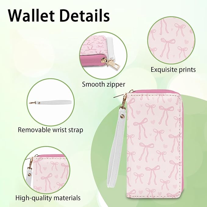 Pink Bow Wallet for Women - Slim PU Leather Womens Wallet with Cash Zipper Coin Purse, Small Credit Card Holder Travel Wallet, Wristlet Wallets for Female Ladies Teen Girls Purse (Girly Gift)