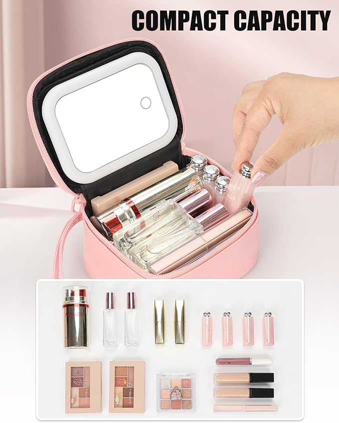 Relavel Initial Makeup Bag with Led Mirror for Women, Mini Cosmetic Bag for Travel, Personalized Cute Makeup Pouch with 3 Light Modes, Preppy Birthday Gifts for Kids Teen Girls - Pink E