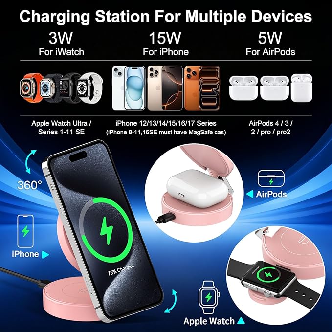 3 in 1 Magnetic Wireless Charging Station for iPhone 17/16/15/14/13/12 Series, Apple Watch and AirPods, MagSafe-Compatible 15W Fast Charging Stand, Foldable Adjustable Travel Charger, Pink