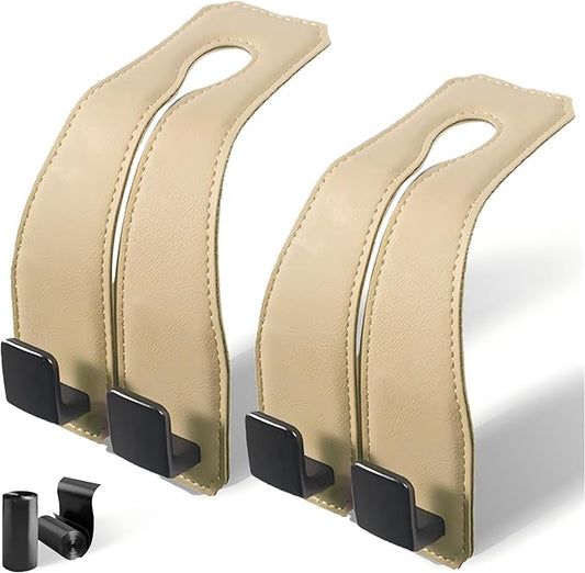 vidonio 2 Pack Double Car Seat Hooks for Headrest, Rotatable Purse Holder for Car, Premium Leather Car Hooks for Purses and Bags, Headrest Hook and Storage Accessories (Beige)
