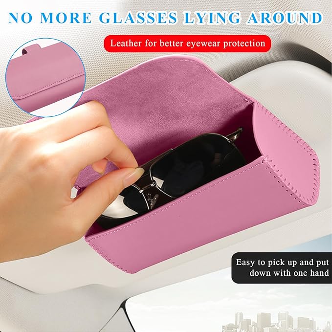Sunglasses Holder for Car Sun Visor, Leather Auto Eyeglasses Organizer Box with Hidden Magnetic Closure, Vehicle Glasses Case Clip Holder, Car Accessories for Women Men (Pink)