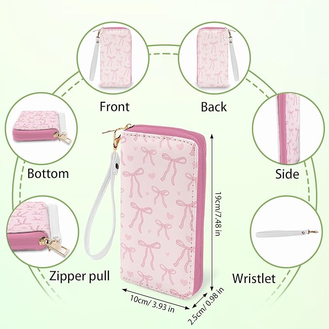 Pink Bow Wallet for Women - Slim PU Leather Womens Wallet with Cash Zipper Coin Purse, Small Credit Card Holder Travel Wallet, Wristlet Wallets for Female Ladies Teen Girls Purse (Girly Gift)
