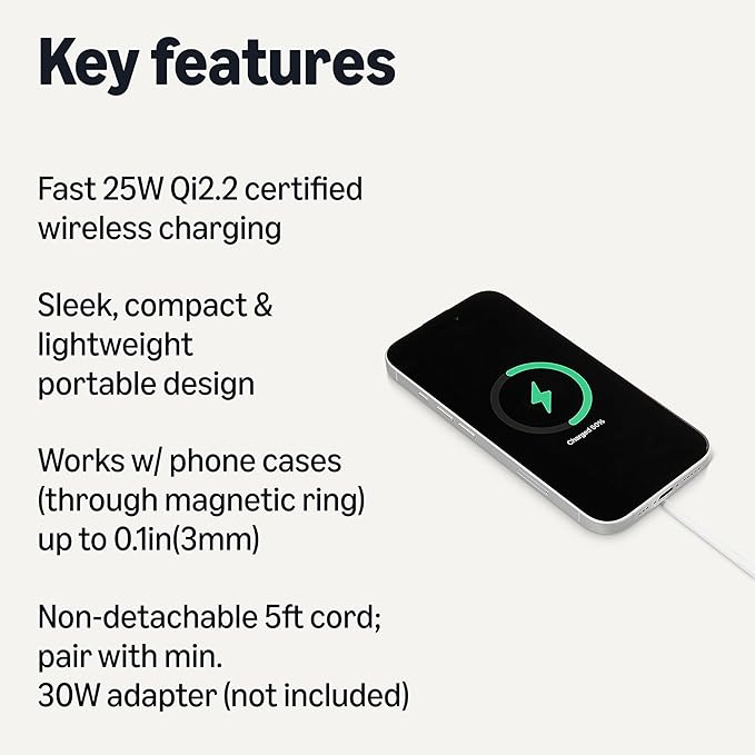 Amazon Basics 25W Qi2.2 Certified Wireless Charging Pad, MagSafe Compatible for iPhone 17/16/15/14/13/12, Magnetic Compatible for Android, Google Smartphones, White (Adapter Not Included)