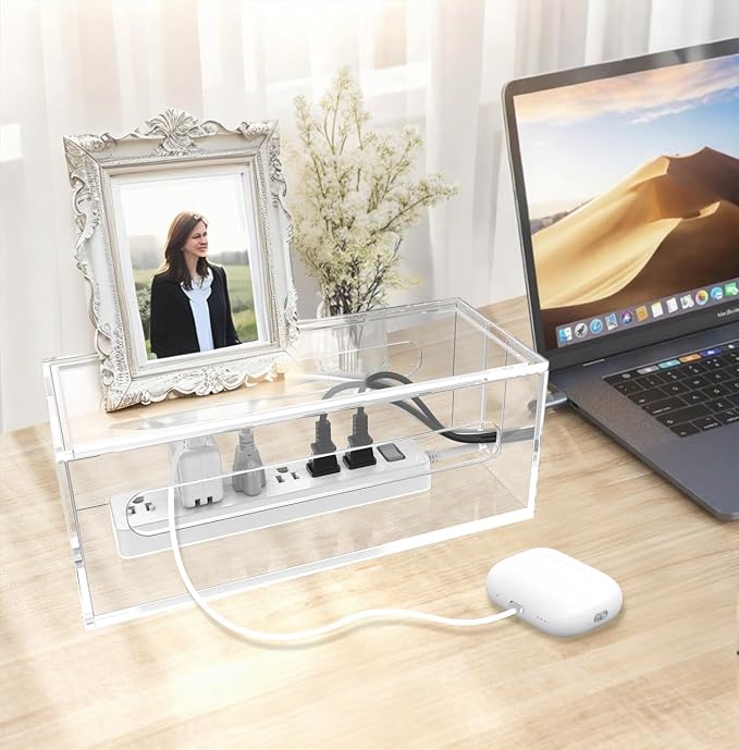 Cable Management Box Acrylic Cord Organizer Box Power Strip Storage Box to Hide Wires, Clear