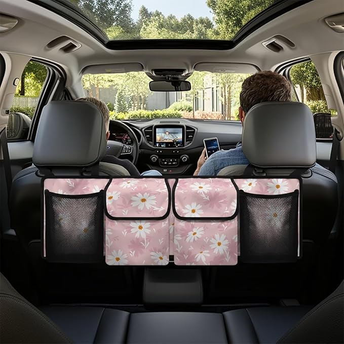 Daisy Printed Trunk Organizer for Car Foldable Trunk Storage Organizer with 4 Pocket & 3 Adjustable Straps Wear-Resistant Oxford Fabric Multipurpose Cargo Bag