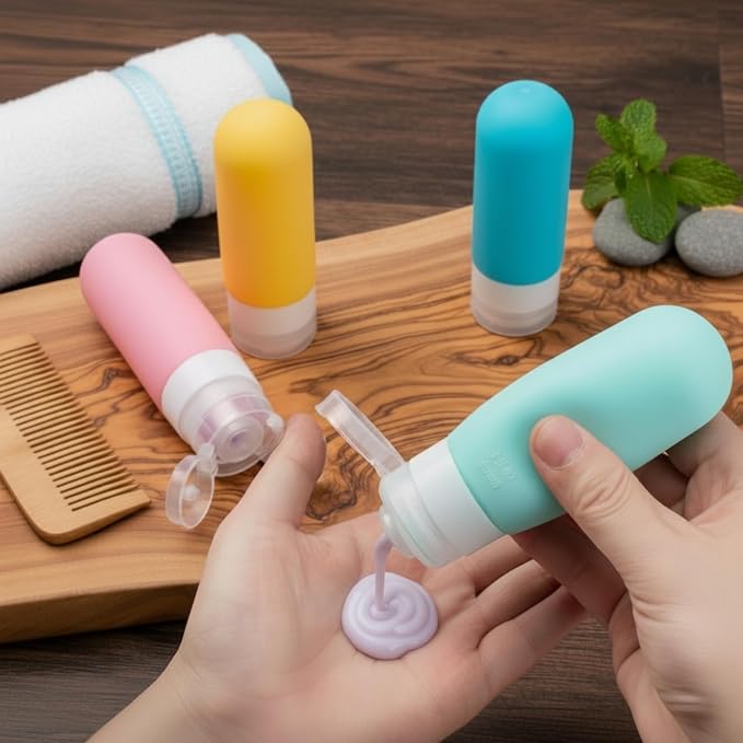Laxen 5 Pack Travel Bottles for Toiletries with Labels, 90ml/3.0oz Silicone Travel Bottles Set with Zipper Toiletry Bag, Leakproof Refillable Squeeze Travel Size Containers (16 Pack Yellow)