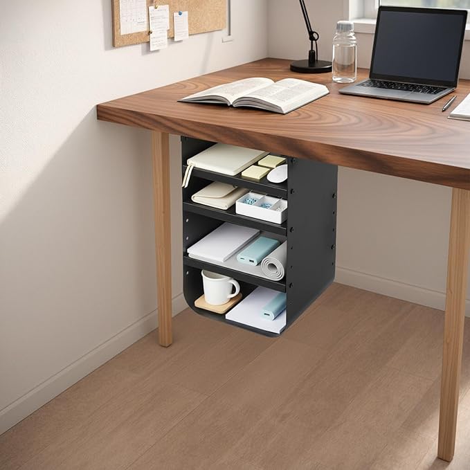 Under Desk Storage, Under Desk Shelf, 4-Tier Adjustable Storage Shelf with Sturdy Metal Frame, Space Saving Open Organizer for Home Office, Study Room, Living Room