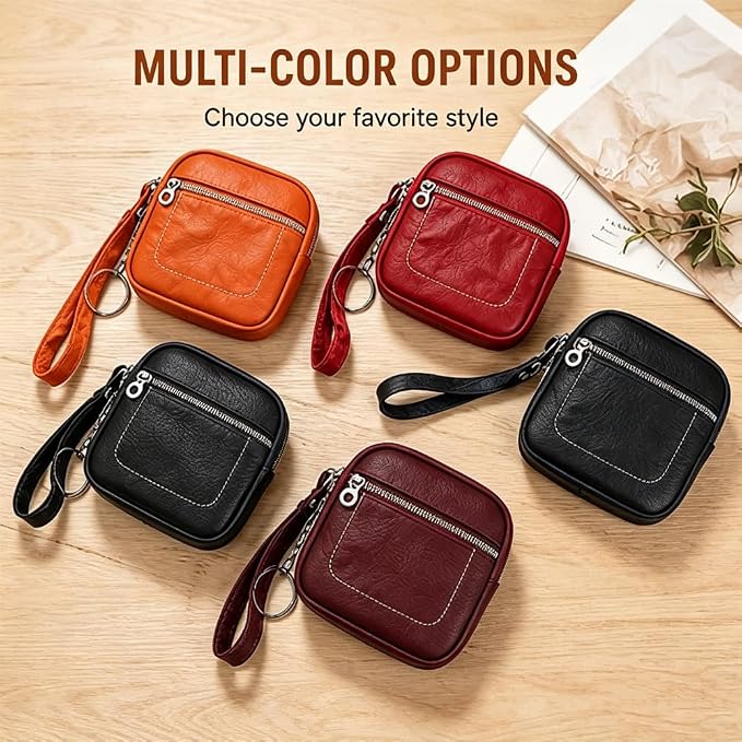 Square Leather Mini Card Wallet Coin Purse Portable Unisex Small Case Organizer Zipper Lock Design Fashion Money Bag