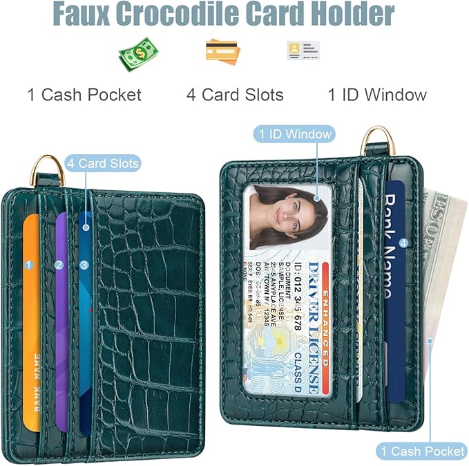 Slim Credit Card Holder Crocodile Wallet Women Thin Alligator Wallets RFID Blocking Minimalist Lightweight Small Cute Cards Holders with ID Window, Dark Green