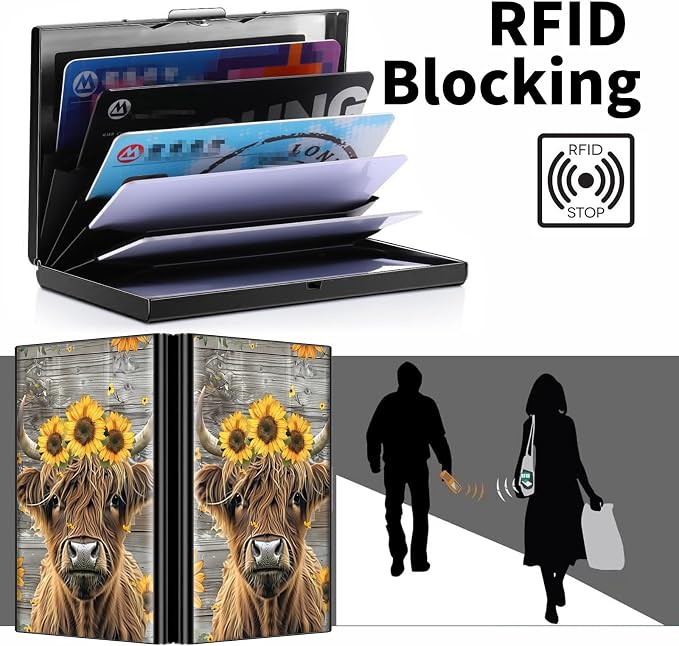 Metal Wallet for Women Men Girls, RFID Blocking Slim Aluminum Credit Card Holder, Mini Travel Wallet with Hard Shell, Lightweight ID & Business Card Case,Cow Wood