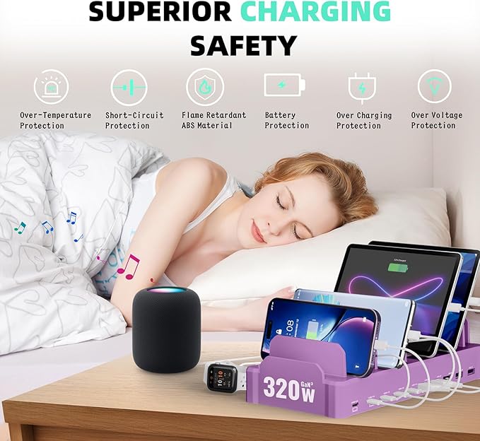 320W Charging Station for Multiple Devices, Zobirez 10-Port USB C Fast Charger Stations for MacBook, iPhone, Android Cell Phone, iPad, Tablet Family Multi-Device Organizer Charging Dock, Purple