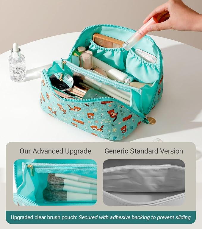 Aveniee Travel Makeup Bag for Women, Large Cosmetic Organizer with Open-Flat Design, Clear Divider & Handle - Waterproof PU Leather Toiletry Case (Otter Pattern)