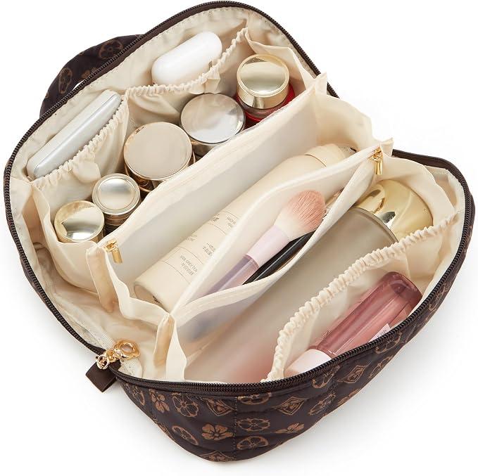 YTL Travel Makeup Bag, Puffer Cosmetic Bag for Women, Waterproof Puffy Padded Make Up Bags, Flat Open Portable Organizer Case Toiletry Bag Pouch Purse for Skincare, Brushes & Travel Essentials