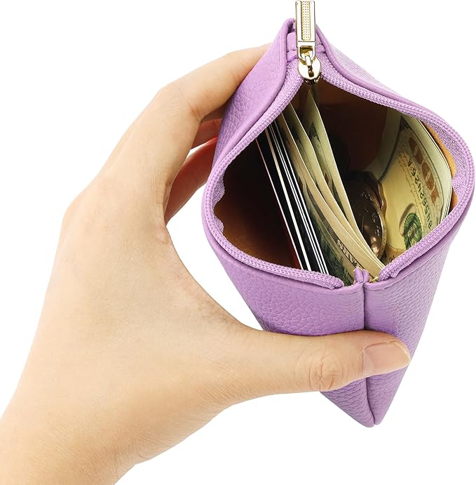 Chelmon PU Leather Coin Purse Pouch Change Holder Small With Zipper for Men Women 2 PCS Set (Black&Purple)