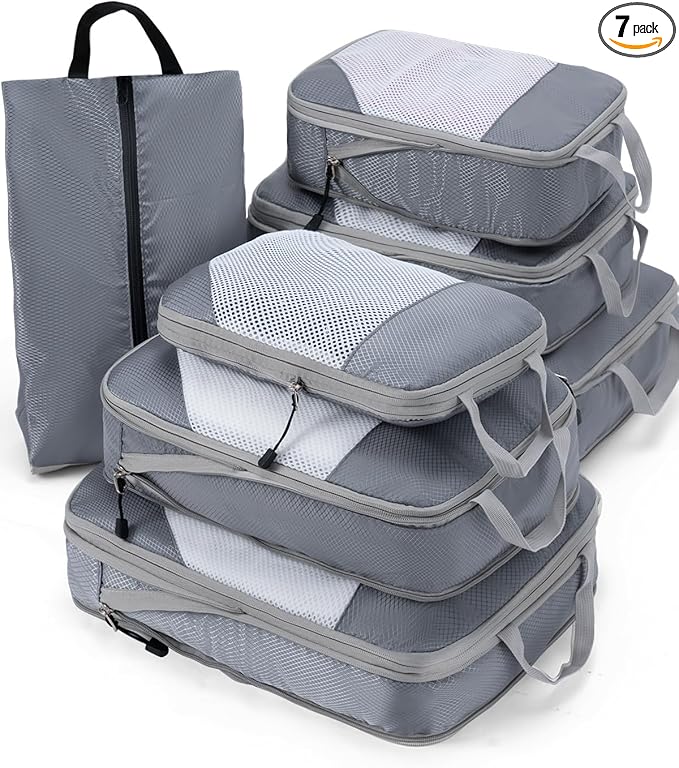 Meowoo 7 Set Compression Packing Cubes for Travel, Durable Ripstop Mesh Suitcase Organizer with Shoe Bag, Ultralight & Expandable Space Saver Travel Cubes
