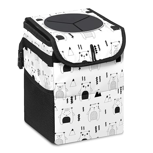 Car Trash Can Cute Bear Panda Cat Wate-rproof Auto Garbage Bag Car Trash Can with Lid Leak-Proof Car Storage Bag Hanging for Headrest Collapsible and Portable with Storage Mesh Pocket