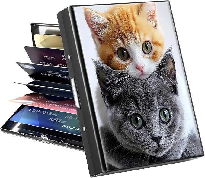 Metal Wallet, Credit Card Holder for Women Men Girls, RFID Blocking Aluminum Wallet Slim Hard Case, Mini Travel Wallet, ID Card Holder Business Card Case,Cute Cats