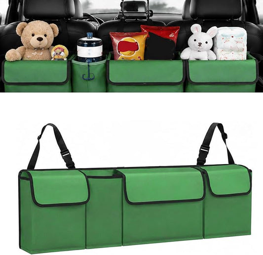 Car Trunk Organizer – Backseat Hanging Large Storage Bag with Adjustable Straps, Waterproof Collapsible Cargo Organizer with 4 Pockets, Space-Saving Trunk Storage for SUV Truck MPV (Green)