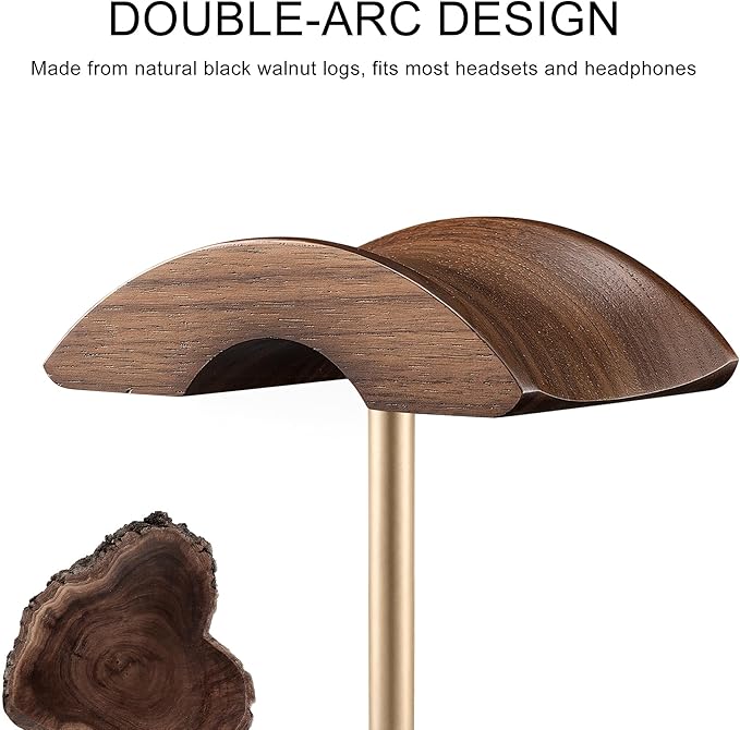 Headphone Stand, Walnut Wood & Aluminum Headset Stand, Nature Walnut Gaming Headset Holder with Solid Heavy Base for All Headphone Sizes (Gold)