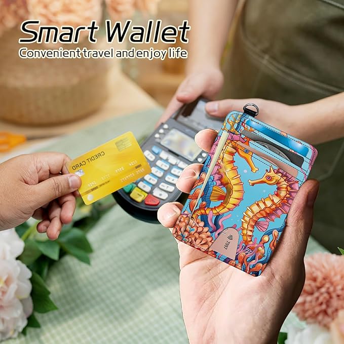 Small Travel Wallets, Seahorse Slim Minimalist Front Pocket Wallet with Wristlet, RFID Blocking PU Leather Credit Card Holder with ID Window Change Purse for Men Women