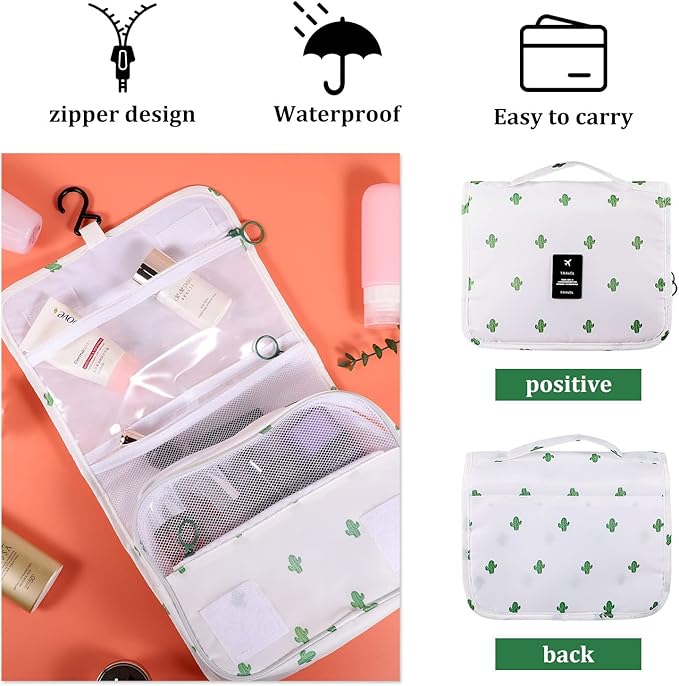 Pengxiaomei Hanging Toiletry Bag, Cactus White Waterproof Cosmetic Bag Portable Makeup Pouch Travel Wash Bag with Handle for Kids Teen Girls Tea Party Mothers Day Gifts