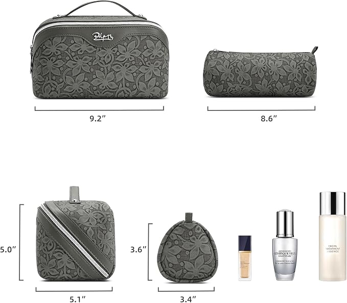 BOYATU Travel Makeup Bag Cosmetic Bags for Women: Large Capacity 3 Pcs Set Make up Bag with Compartments - Waterproof Vegan Leather Toiletry Organizer Bags with Handle (Z-62Grey)