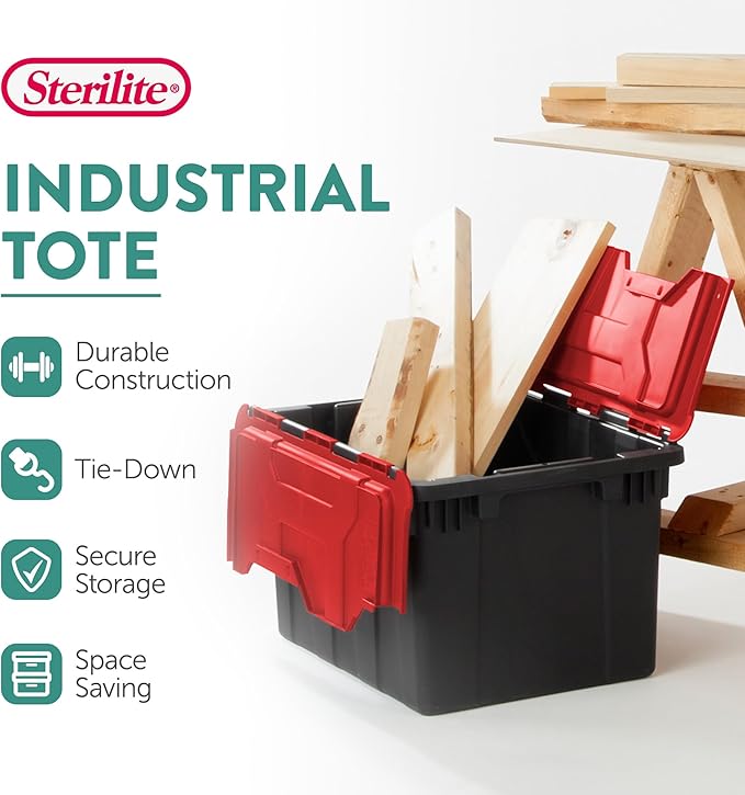 Sterilite 12-Pack 12 Gallon Hinged Lid Industrial Tote, Heavy-Duty Plastic Organizer - Stackable Multipurpose Home Storage Bins with Contoured Handles for Garage, Basement or Attic Organization