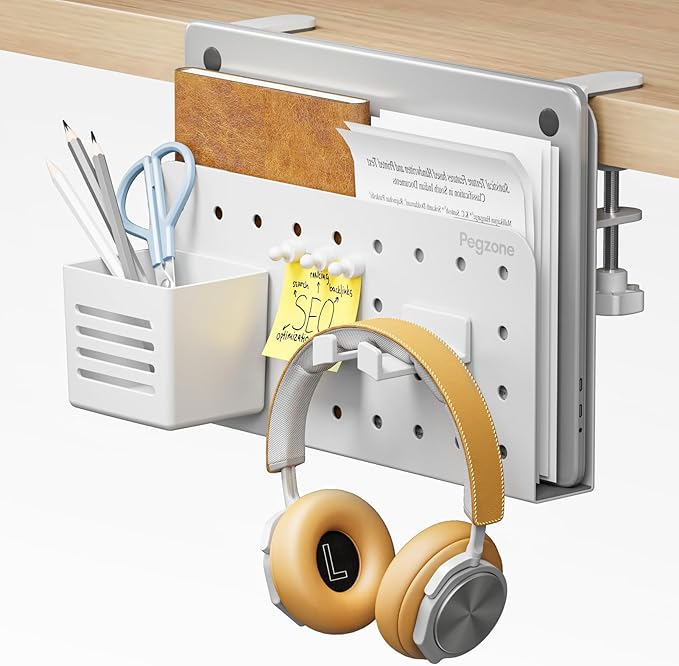 Desk Side Storage Organizer, No Drill Under Desk Laptop Holder, Clamp on Desks Shelf with Pegboard Accessories, Hanging Laptop Mount, Fits Flat Edge 0.4" to 2.2", White
