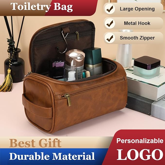 Toiletry Bag for Men, Personalized Travel Shaving Dopp Kit Water-resistant Bathroom Toiletries Organizer PU Leather Cosmetic Bags