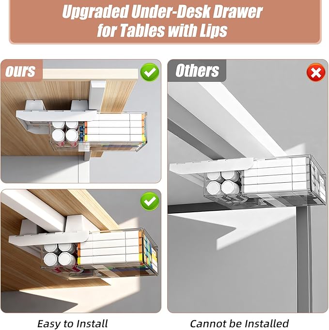 3-Pack Under Desk Drawer for Desk with Frame & Beam, Fits Where Standard Drawers Can't, 52mm Heightened Slide Out Organizer, Dual Adhesive or Screw Mount, Clear PET Under Table Storage
