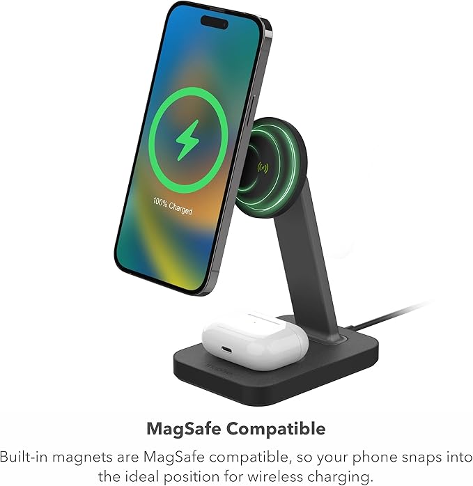 mophie Snap+ 2-in-1Charge Stand & Pad - 15w Wireless Charger Compatible with iPhones & AirPods, Includes Snap+ Adapter for Other Qi Enabled Phones, Steel Base, Adjustable Angles