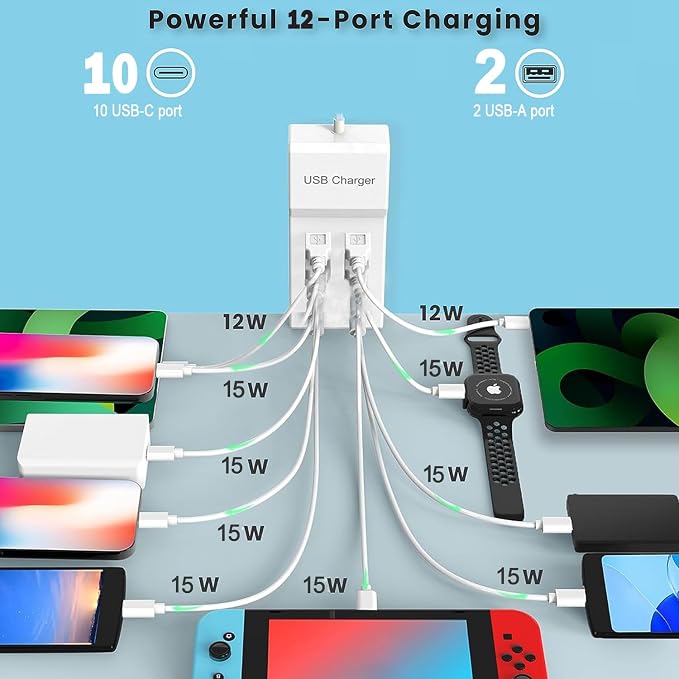 USB C Charger, 12 Ports USB Charging Station, 60W MultiPort Charger[10 USBC+2 USBA], Compatible with iPhone/iPad/Samsung/Google Pixel/Watch/Headphones