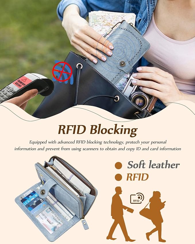 TFKGS Wallet for Women RFID Blocking Leather Large Capacity Card Holder Ladies Phone Clutch Travel Long Purse Wristlet | RFID Blocking, Leather, Large Capacity, Ladies, Travel