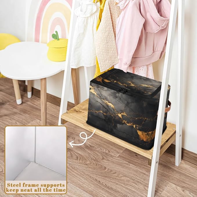 Black Gold Marble Storage Bins With Zipper Lid, Collapsible Trunk Organizer, Car Organizers and Storage Bins with Lids, Decorative Storage Boxes with Handle, Home Storage Baskets For Organizing