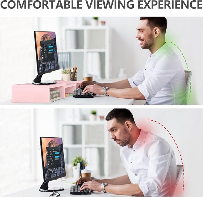 TAVR Dual Monitor Stand Riser, Computer Monitor Stands for 2 Monitors, Extra Long Multifunctional Desktop Organizer Riser for Computer, Laptop, PC, Printer, TV, Max 43.3" Length, Pink