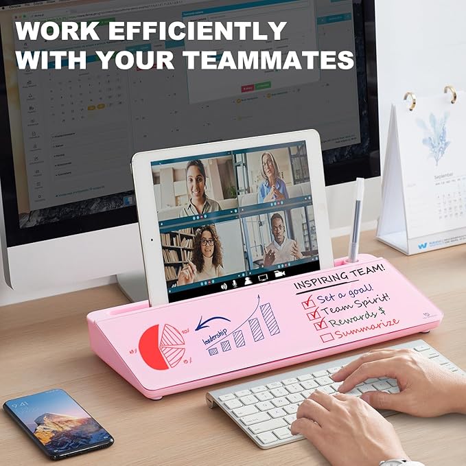 TSJ OFFICE Desktop Whiteboard Dry-Erase-Board - Computer Keyboard Stand White Board Surface Pad with Drawer, Desk Organizers with Accessories for Office, Home, School Supplies - Complete Pink