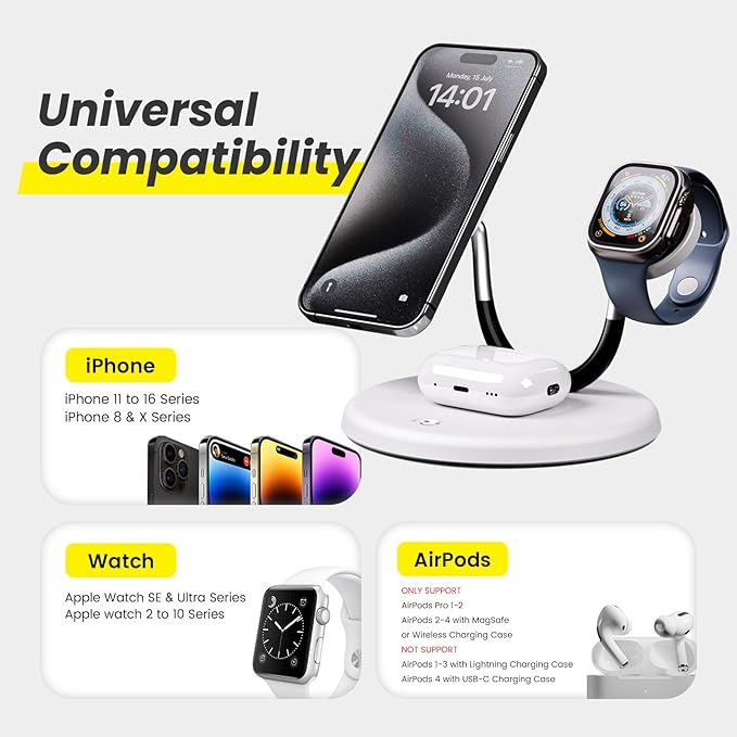 Magnetic 3-in-1 Wireless Charging Station - Qi 15W Fast Charger for Apple Mag Safe iPhone 16-11 Pro Max Watch Ultra & AirPods Pro, Premium Luxury Smile Face Office Desk Organizer Gift-Ready (White)