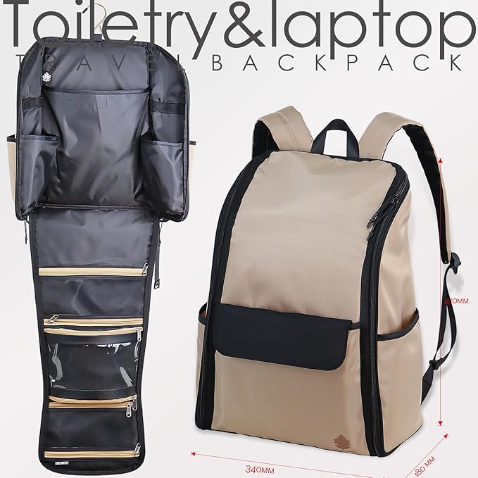 Travel Laptop Backpack Large Hanging Toiletry Organizer Water-Repellent Hygiene Bag (Khaki)