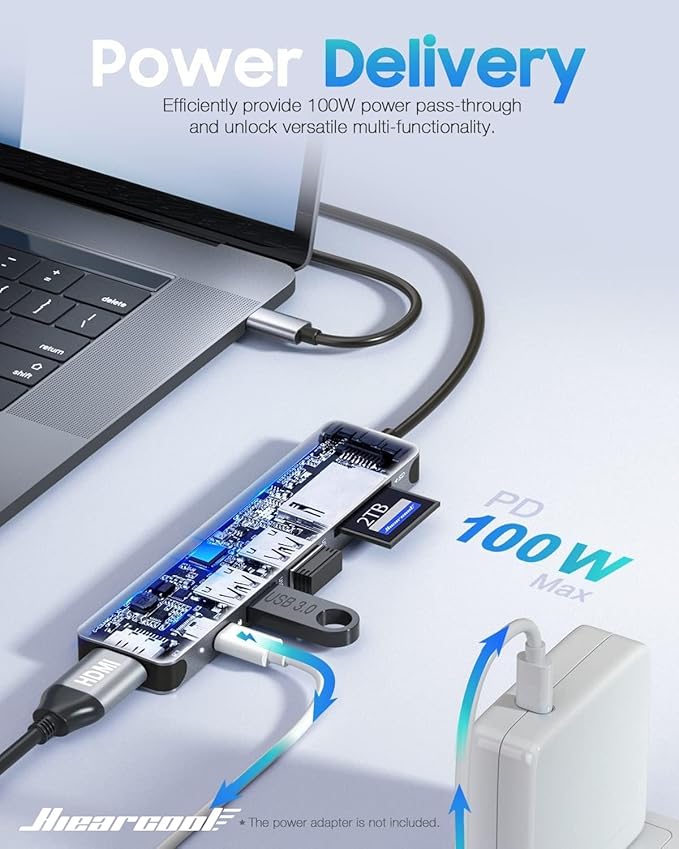 Hiearcool USB C Hub for MacBook – 7-in-1 USBC Adapter with 4K HDMI, 100W PD, USB 3.0 5Gbps Ports, SD/TF Card Reader – USB-C Dongle for Office, Meetings, Travel & Home Setup-Space Grey